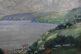 20th Century, British, an oil on canvas, A coastal landscape depicting rolling green hills to one