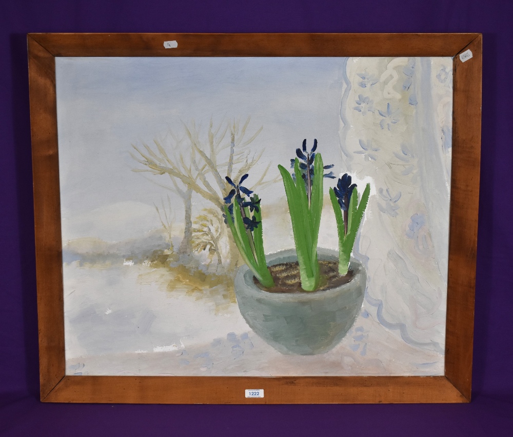 Winifred Nicholson (1893-1981, British), an oil on board, 'Blue Hyacinths In A Winter Landscape', - Image 2 of 9
