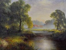 Jason Threlfall (20th Century, British), an oil on canvas, 'Morning Mist', a colourful pastoral