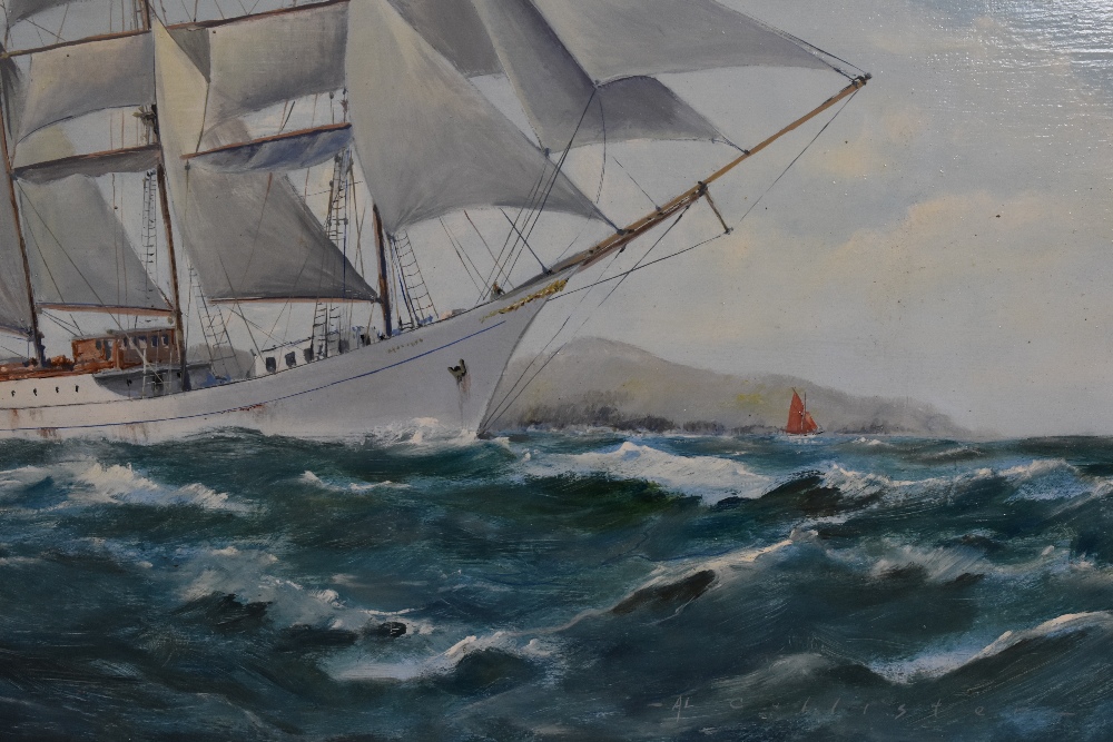 A.L. Collister (20th Century, British), an oil on board, a masted white finish vessel in choppy - Image 3 of 4