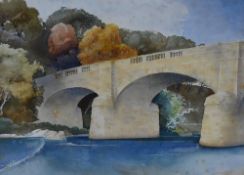 A.W. Brown (20th Century), a watercolour, A stone arched bridge within an autumnal setting, signed