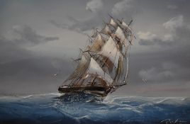 Artist Unknown (20th Century), an acrylic on canvas, A masted vessel in choppy water, signed to