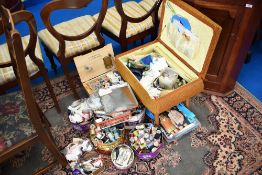 A selection of vintage haberdashery, cotton reels, pattern etc, including sewing stool