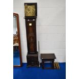 An early 20th Century oak case long case clock of small proportions having Jacobean style case,