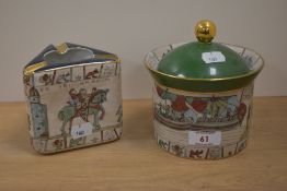 A limoge Ashtray and a tobacco jar, one with Galleon decoration and the other horses, king and