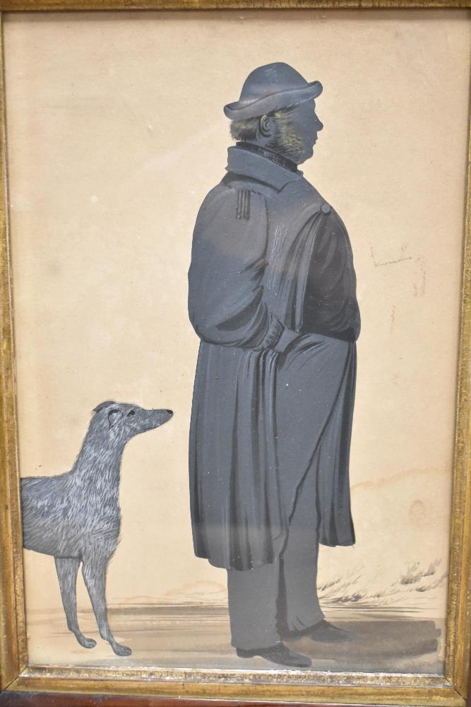 A framed and glazed Victorian gouache silhouette of a gentleman and his Greyhound. - Image 2 of 3