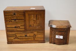 A vintage carved oak novelty money box in the form of a chest of drawers and a jewellery box