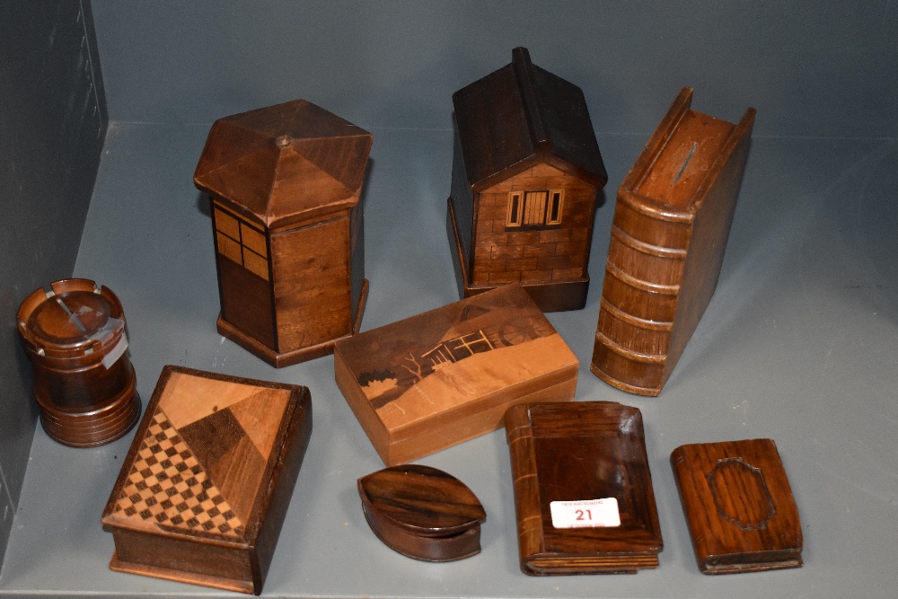 A selection of vintage treen, including Mauchline ware money box with New Bridge Westminster to