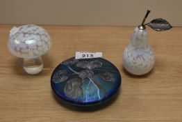 A trio of paperweights, to include Glassform, J Ditchfield iridescent blue example with jellyfish