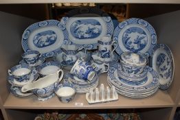 A collection of blue and white ware 'Yuan' Wood and sons, England, including jugs, cups and