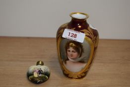 A Royal Vienna hand painted vase with heavy gilt decoration, sold with a hand painted perfume bottle