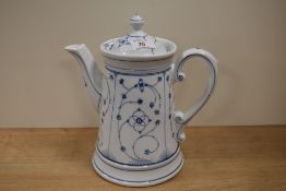 A vintage oversized coffee pot/hot water pot, having blue and white transfer pattern, no makers mark