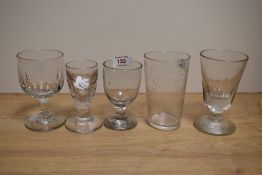Five antique glasses, including wine and beer glasses and Queen Victoria 1837-1897 souvenir glass.