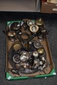 An assortment of vintage metal ware and plated ware, vases, horse studies, tray, dishes and more.