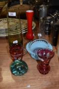 A selection of vintage art glass, including cranberry glass jug with enamel detail, vaseline glass