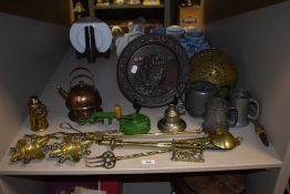 A mixed lot of items, including brass toasting forks, ash trays, pewter tankards, a vintage bean