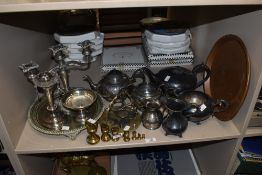 A selection of plated ware and similar, including candlestick, brass weights, copper tray etc.