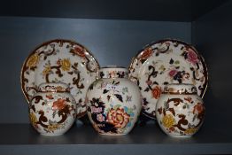 Three Mason's Ironstone lidded ginger jars, of 'Brown Velvet' and 'Mandarin' pattern, together