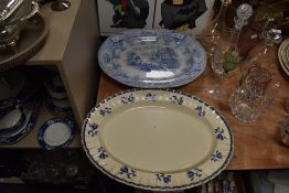 Two large antique stoneware platters, one stoneware Belvedere platter with blue and white transfer