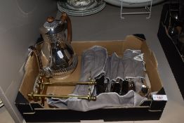 A plated coffee pot, a selection of cutlery including Arthur Price and a brass knife rest.