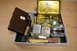 A miscellany of items, comprising bakelite cigar box, Queen Mary Christmas tin, vintage lighters,