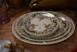 Three Sandringham plates and three platters, all having floral transfer pattern with brown motifs