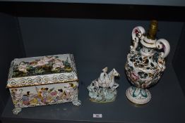A Capodimonte lamp base and a lidded casket,af, lid has been siliconed shut, also included is a