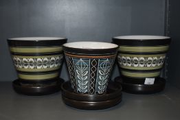 Three Ambleside pottery planters with drip trays.