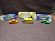 Three Russian 1:43 diecasts, Police Car in orange with purple flash, Hatchback in green with black