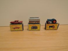 Three Matchbox Series Lesney 1961-1965 diecasts, No 59 Fire Chief Car, No 72 Fordson Tractor, orange