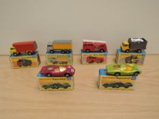 Six Matchbox Superfast 1970-1973 diecasts, G Boxes, No 35 Merry Weather Fire Engine, No 37 Cattle