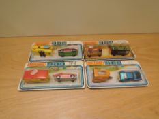 Four 1978 Matchbox 900 diecast sets, TP3 AMX Javelin with Horse Trailer, TP4 Vauxhall Guildsman with
