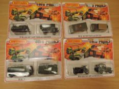Four 1975 Matchbox 75 diecast Two Packs, TP11 Military Jeep and Motor Cycle, TP12 Military Police