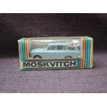 A Moskvitch 1:43 scale diecast, Saloon Car in light blue with white interior, in original window