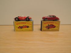 Two Matchbox Series Lesney 1961-1965 diecasts, No 65 Jaguar 3.8 Sedan, red, silver base with tow bar