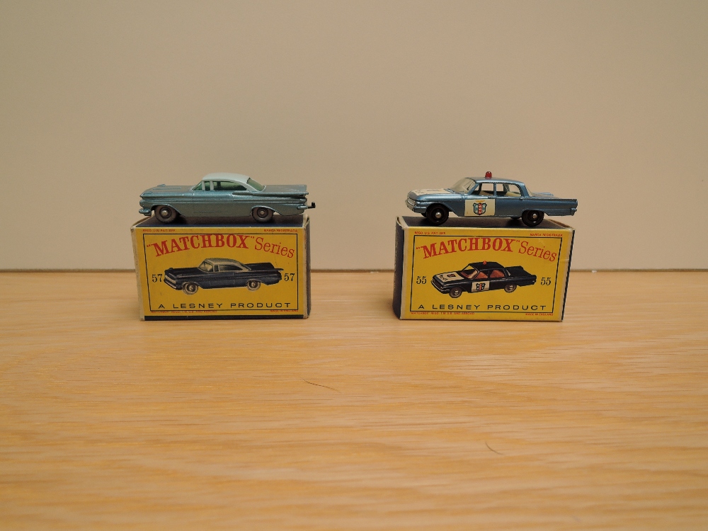Two Matchbox Series Lesney 1961-1965 diecasts, No 55 Police Patrol Car and No 57 Chevrolet Impala,