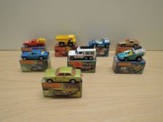Eight Matchbox Series Superfast Lesney 1976-1982 diecasts, K & L Boxes, No 55 Ford Cortina, green,