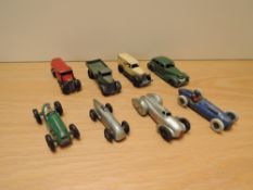 Eight early Dinky Diecasts, 23K Talbot Lago, 233 Cooper Bristol, Chrysler, Ambulance, Petrol Tanker,