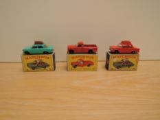 Three Matchbox Series Lesney 1965-1968 diecasts, No 56 Fiat 1500, red, No 56 Fiat 1500, green and No