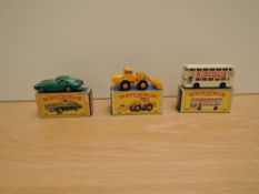 Three Matchbox Series Lesney 1965-1968 diecasts, No 69 Hatra Tractor Shovel, No 74 Daimler Bus and