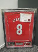 A framed & glazed Liverpool FC Steven Gerrard No 8 Shirt, bearing signature along with two smaller