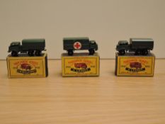 Three Matchbox Series Moko Lesney 1954-1960 diecasts, No 62 General Service Lorry x2 and No 63