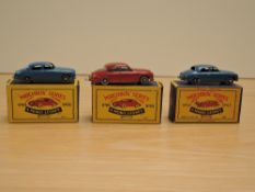 Three Matchbox Series Moko Lesney 1954-1960 diecasts, No 65 3.4 Jaguar, dark blue with grey wheels