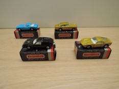 Four Matchbox Superfast Japan Series diecasts, J1 No33 Lamborghini Miura, J2 No5 Lotus Europa, J3