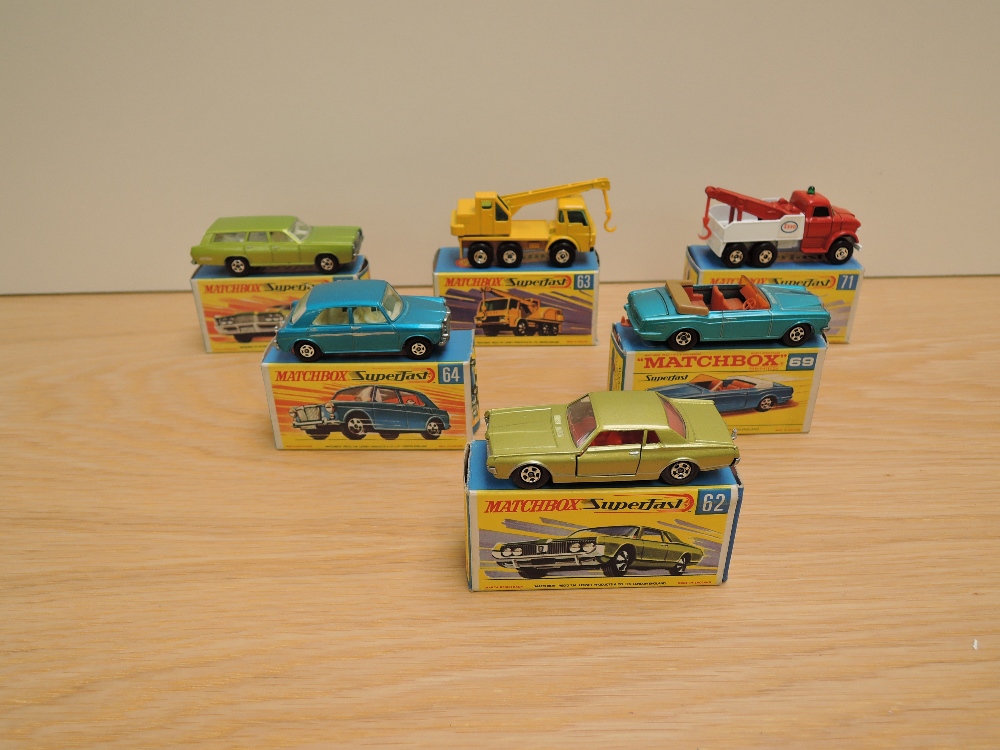 Six Matchbox Series Superfast Lesney 1969-1973 diecasts, No 62 Mercury Cougar, green, No 63 Dodge