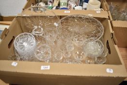 A carton of assorted glassware including cake plate, dessert set, Sunday dishes and cut glass