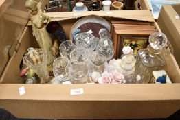 A cut glass decanter, four similar brandy glasses, a small Bohemia crystal rose bowl etc.