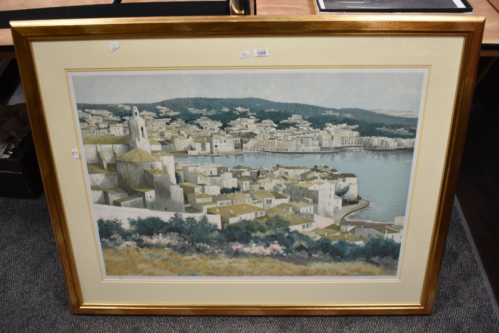 After Josep Maria Vayreda Canadell (1932-2001), a coloured print, Spanish coastal townscape, limited