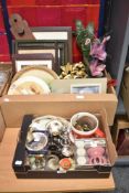 Two cartons of assorted items including pictures and picture frames, herb cutter, a Royal Albert '