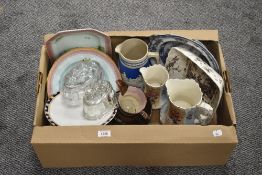 Four Adams Calyx Ware plates, a Copeland Spode blue Jasperware jug, a small amount of copper